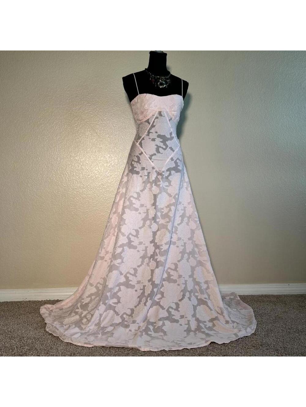 Y2K Sheer Fairy Lace Pink Strapless Maxi Dress Coquette Formal Prom Gown